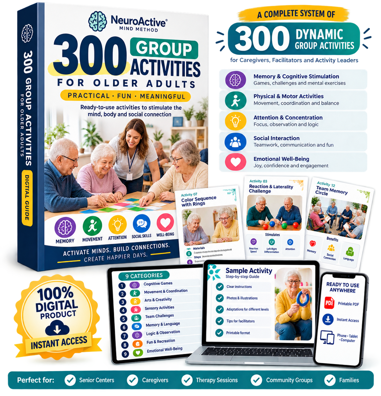Premium mockup of the dynamic group activities guide for older adults