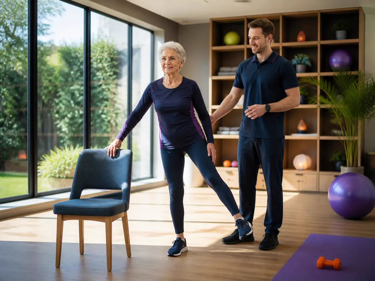 Older woman practicing a supported balance exercise