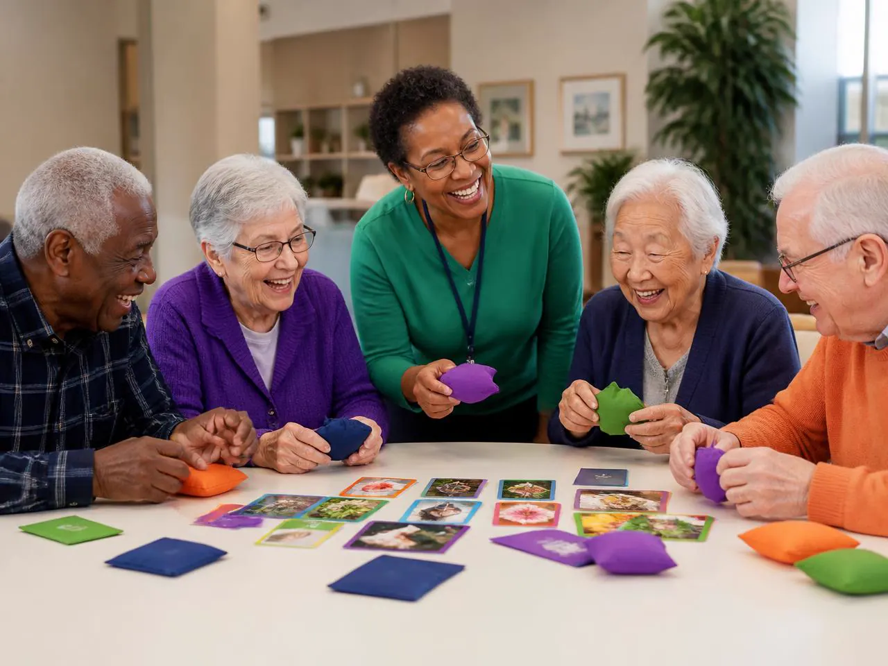Older adults enjoying a cognitive group game around a table