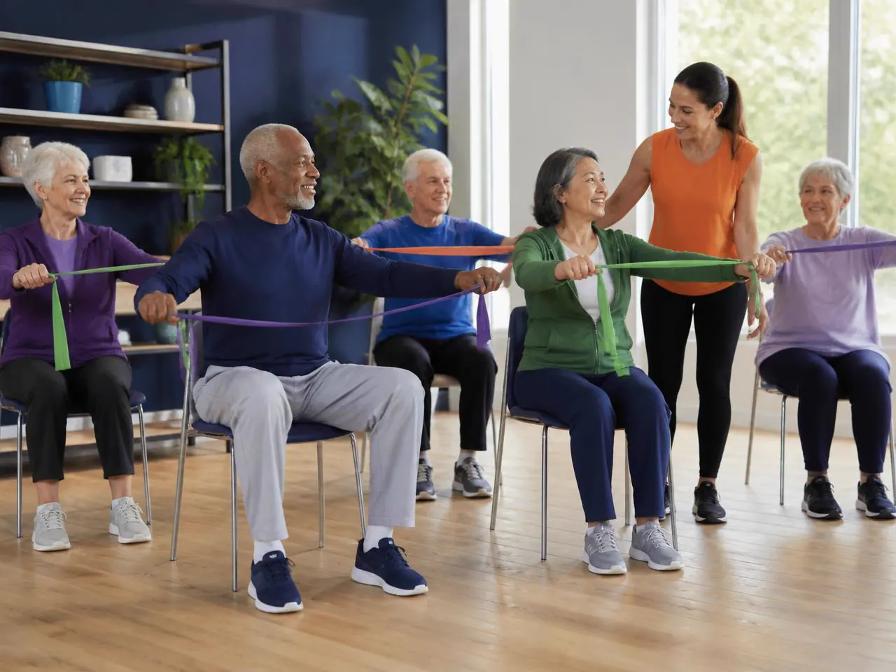 Group of older adults doing a seated exercise class together