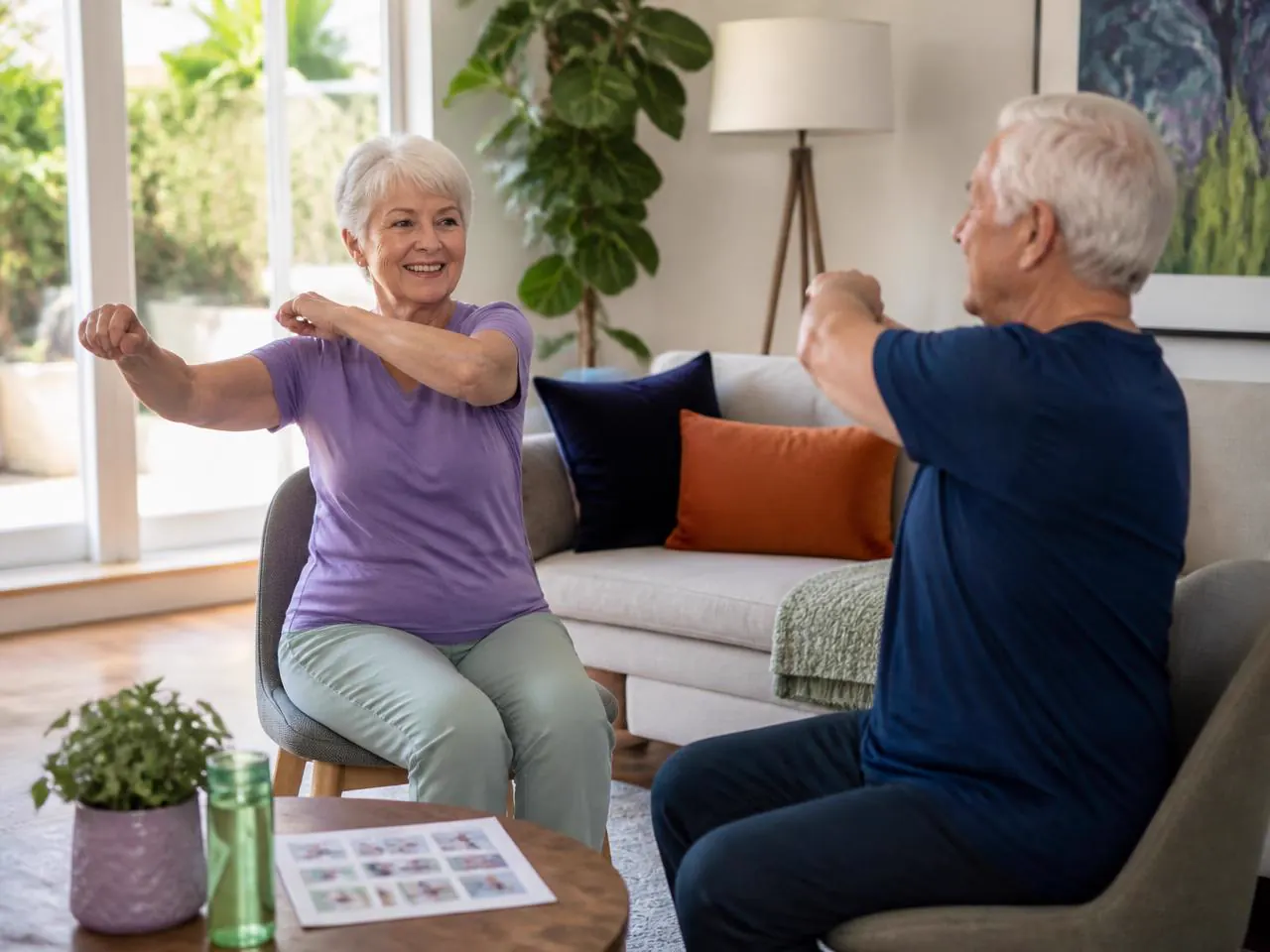 Older couple exercising at home in their living room