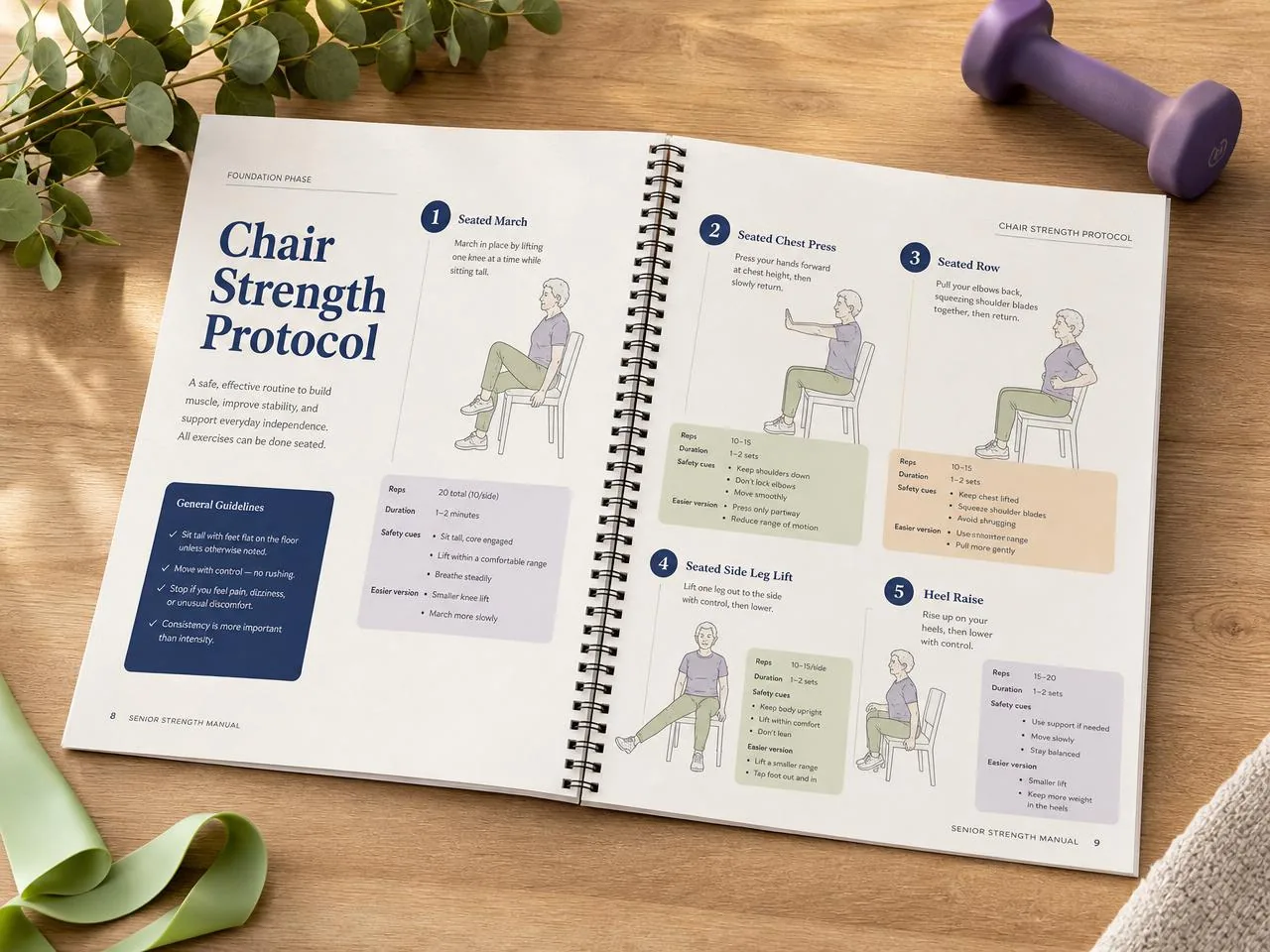 Senior Activity Toolkit manual open on a table showing an illustrated chair strength protocol with reps, duration and safety cues