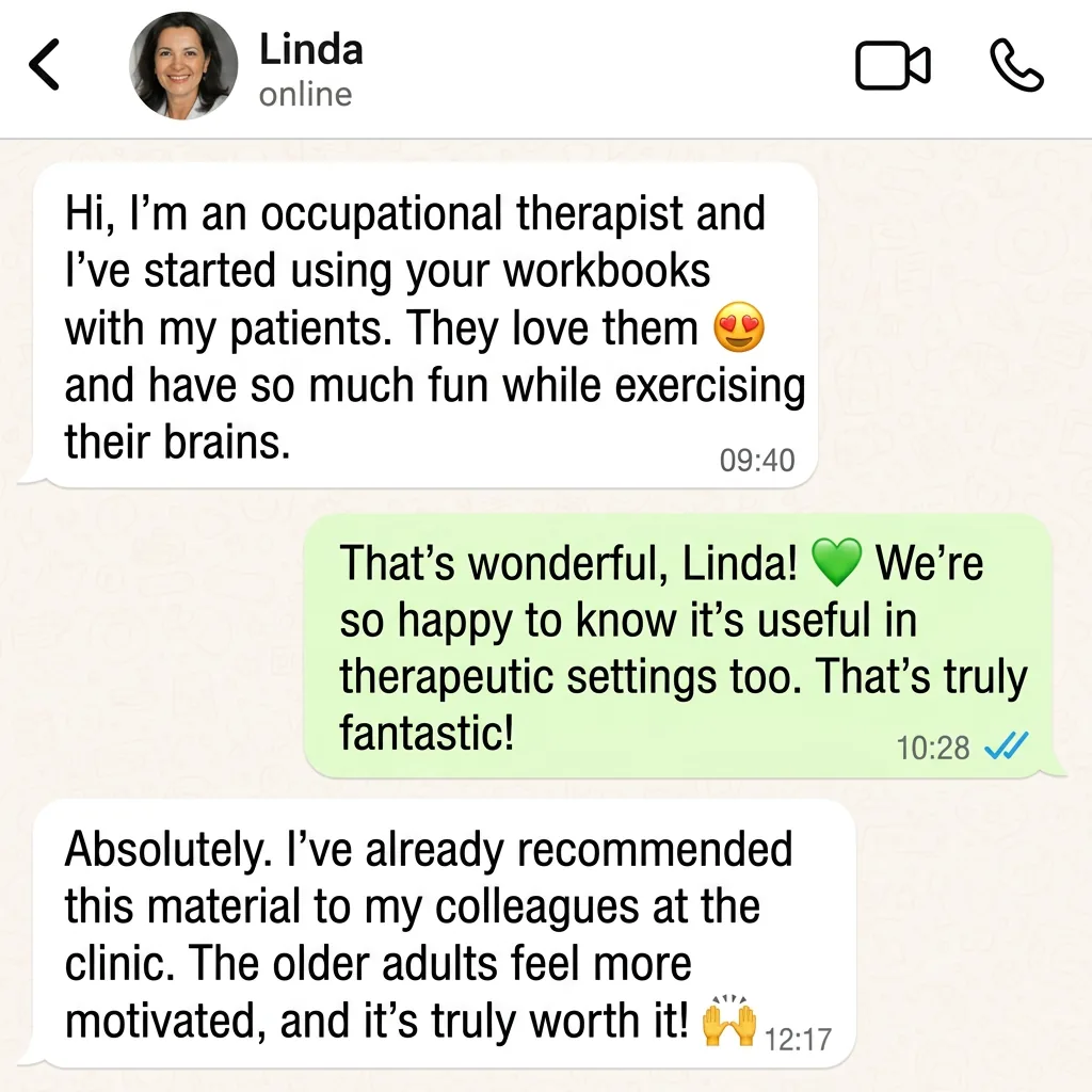 English customer message from occupational therapist Linda about using the workbooks with patients