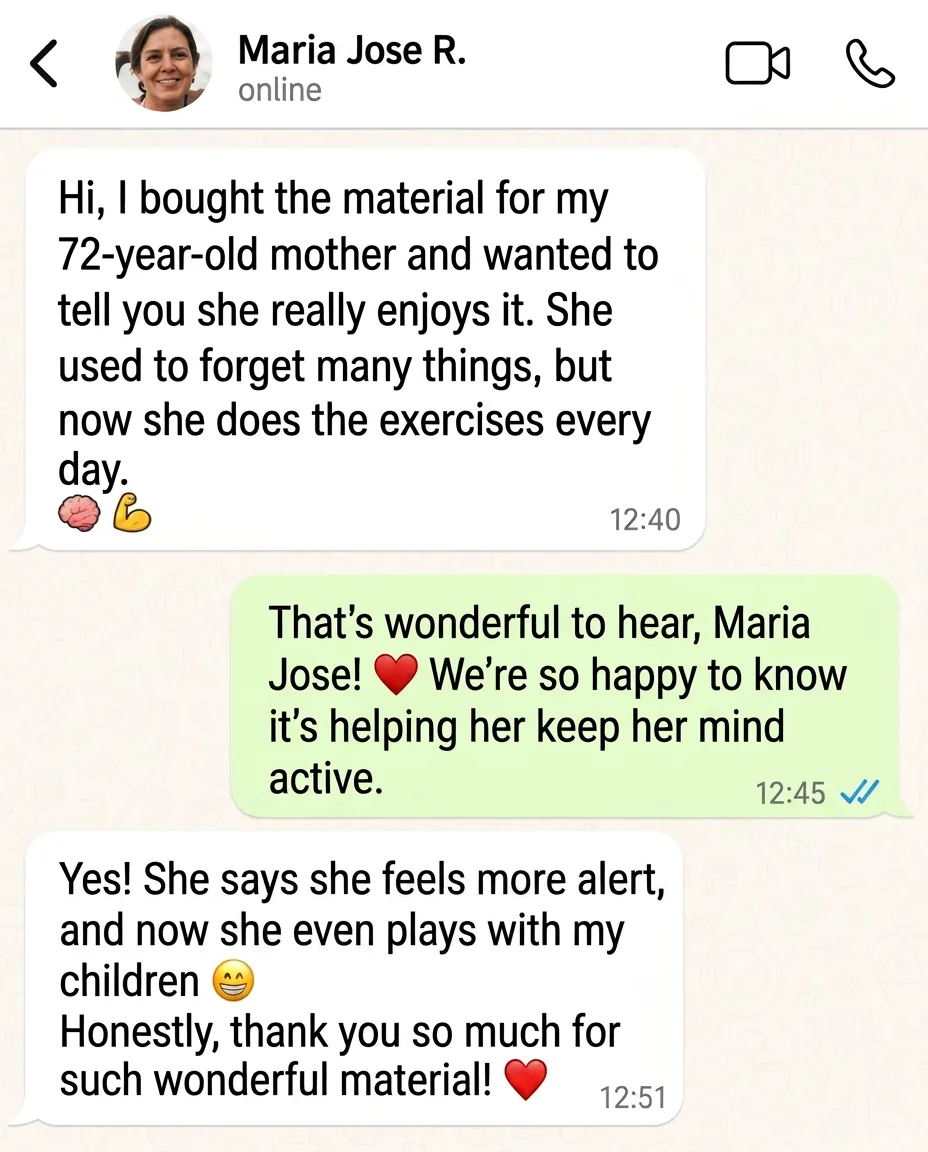 English customer message from Maria Jose about the toolkit helping her mother stay active